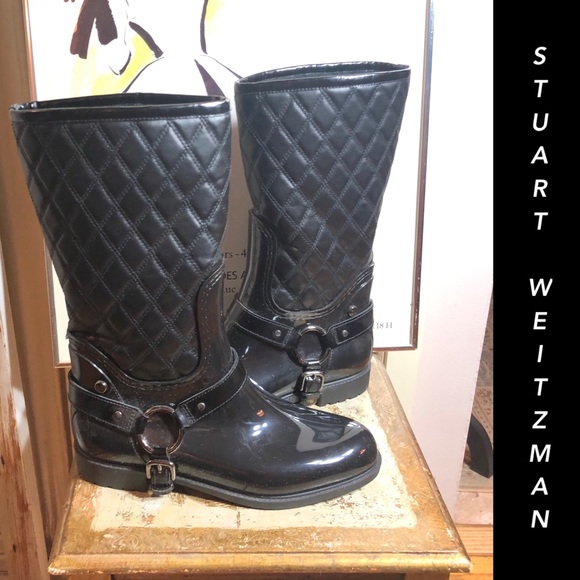 SZ 8-STUART WEITZMAN BLACK CHUNK HEEL QUILTED HEEL BOOTS - Picture 1 of 16